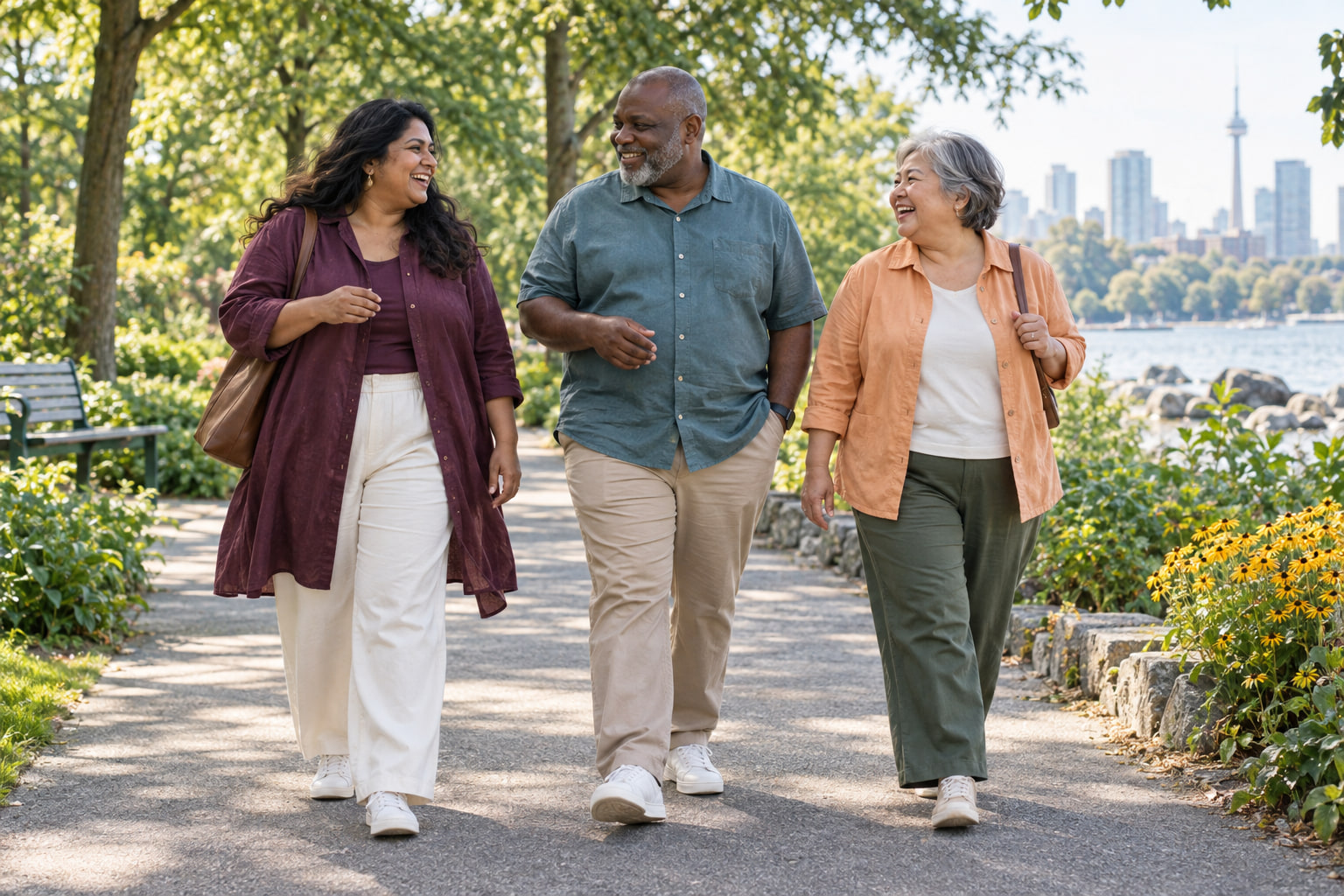 Adults enjoying a walk together in a leafy park.